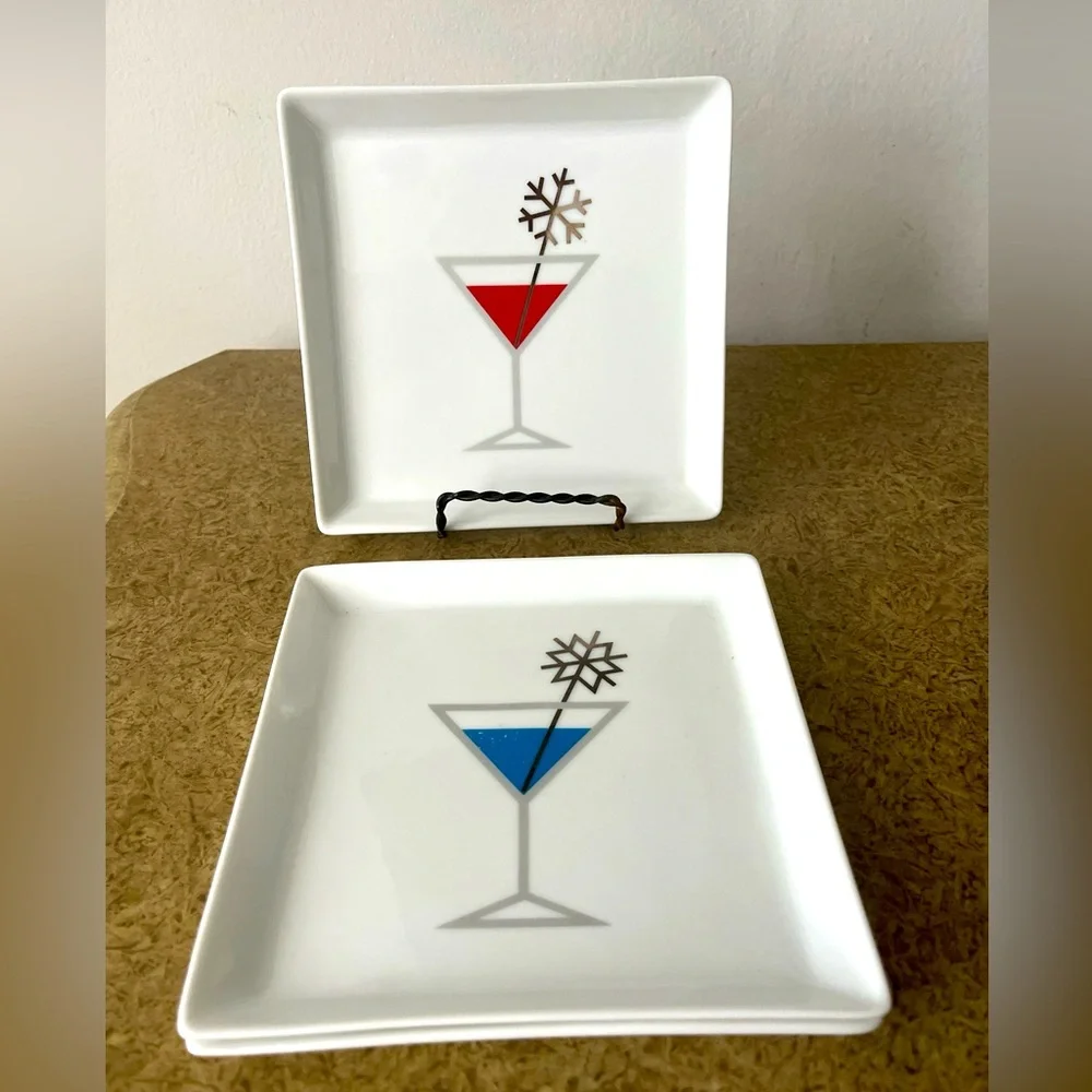 3Crate & Barrel Appetizer Square Plates Jack Frost Martini Holliday Collection